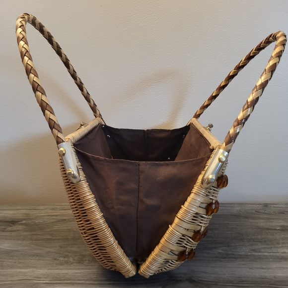 Vintage Beaded Woven Top Handle Bag Natural Wicker MCM - Picture 6 of 10